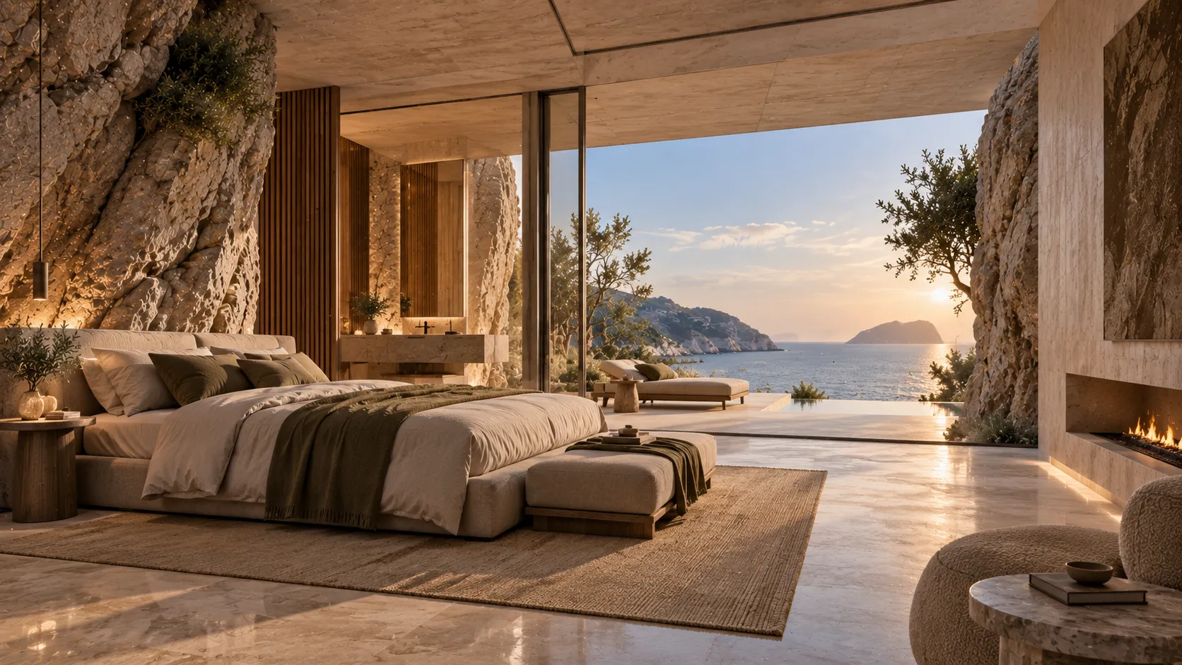 Concept master bedroom with a large bed, a fireplace and a glazed wall opening to the sea at sunset.