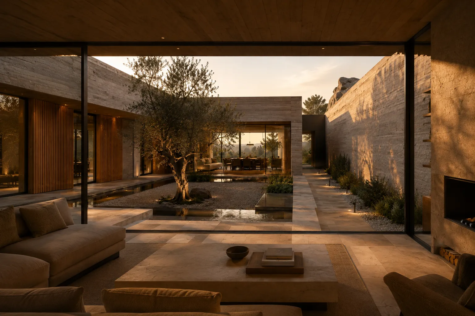 Concept living room looking through a glass wall to an olive-tree courtyard with water and a dining room beyond.