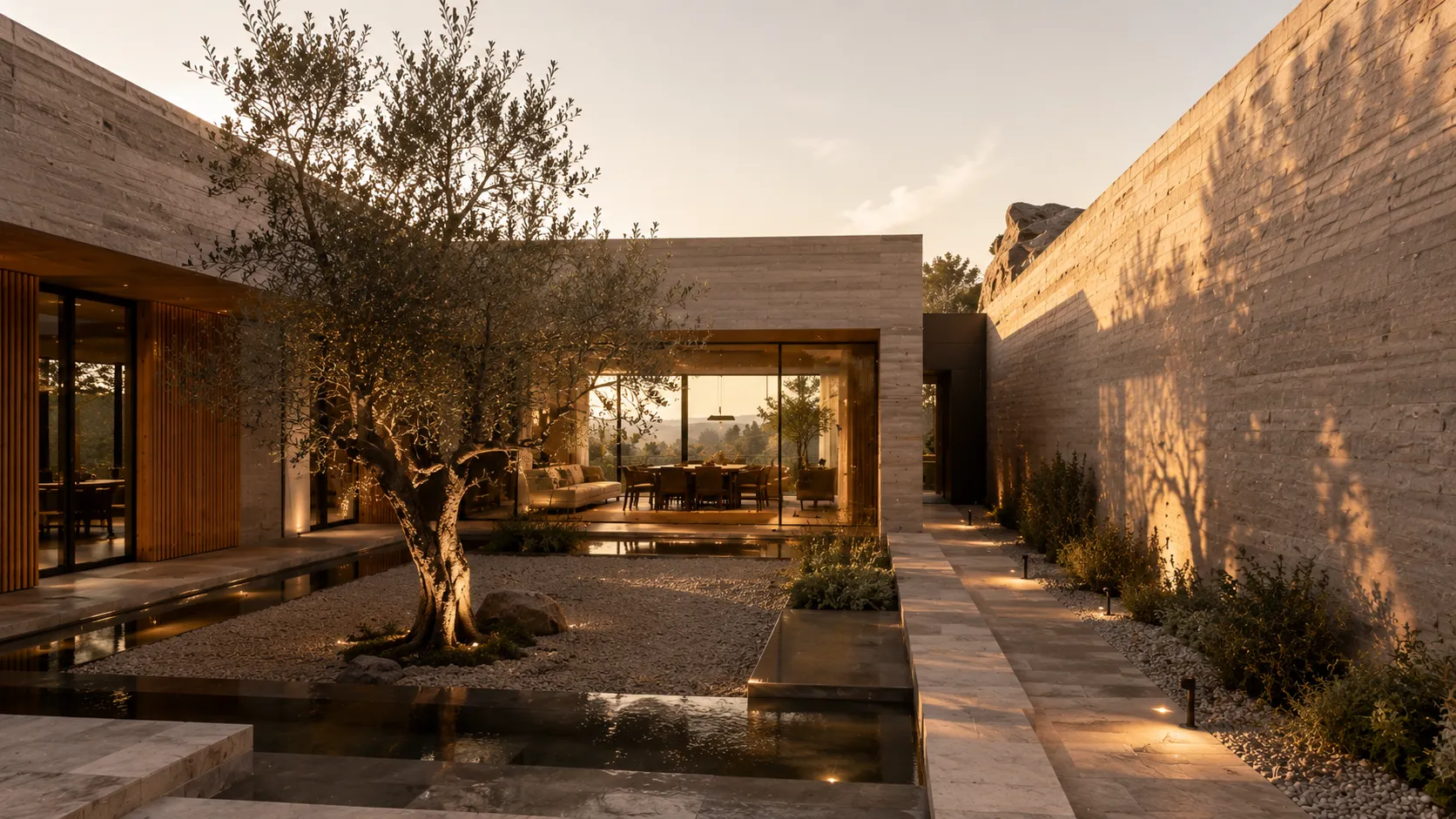 Concept view across shallow water channels to an olive tree and a glazed dining room, with a tall textured concrete wall on the right.